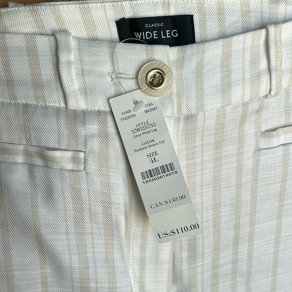 NWT White House Black Market White Wide Leg with Tan pin stripe pants 4L - Picture 2 of 4